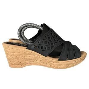 Spring Step Black Leather Laser Cut Wedge Sandals Made in Italy Womens‎ Size 8